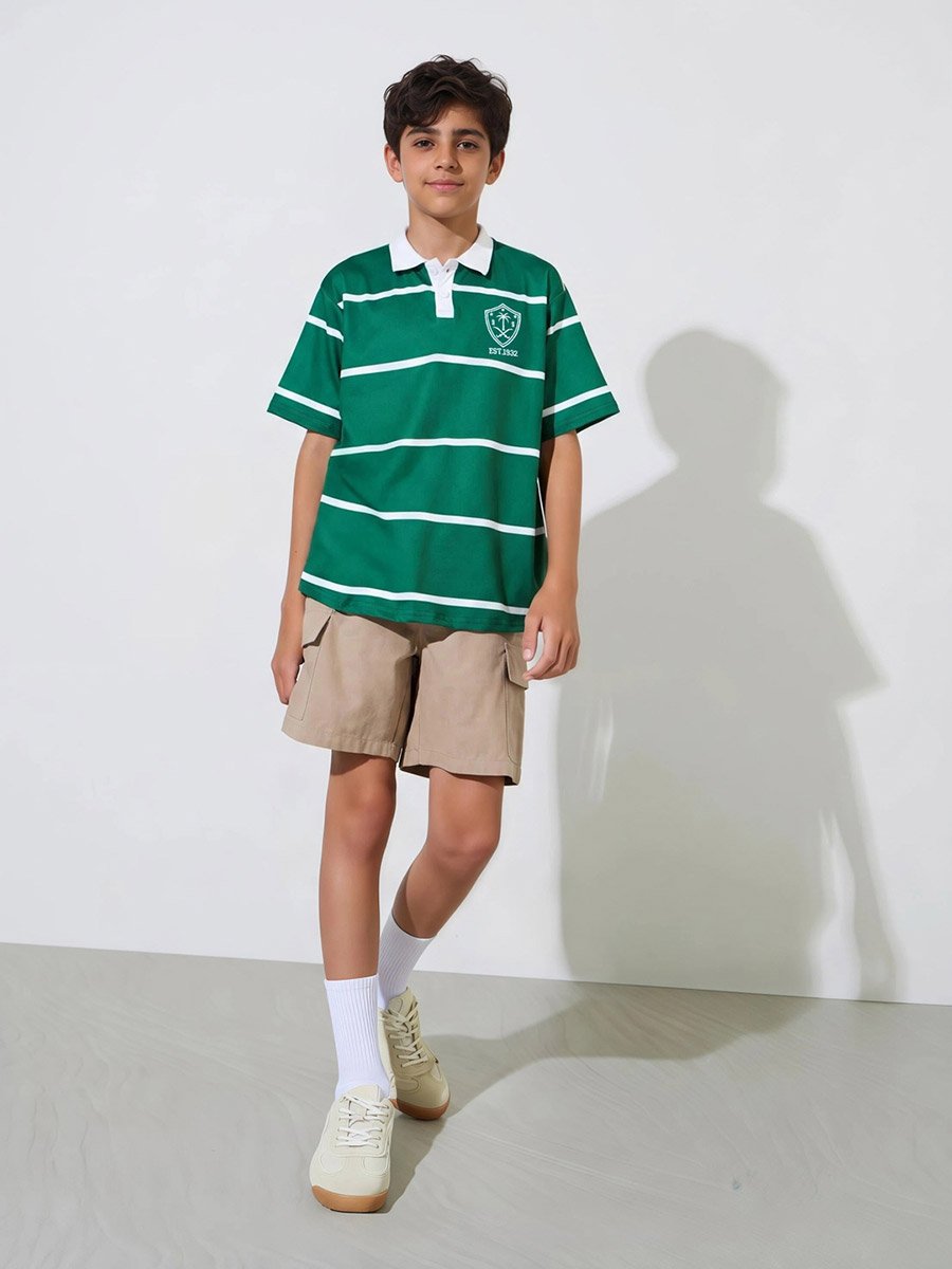 Teen Boys Green Striped Embroidered Short Sleeves Polo T-Shirt