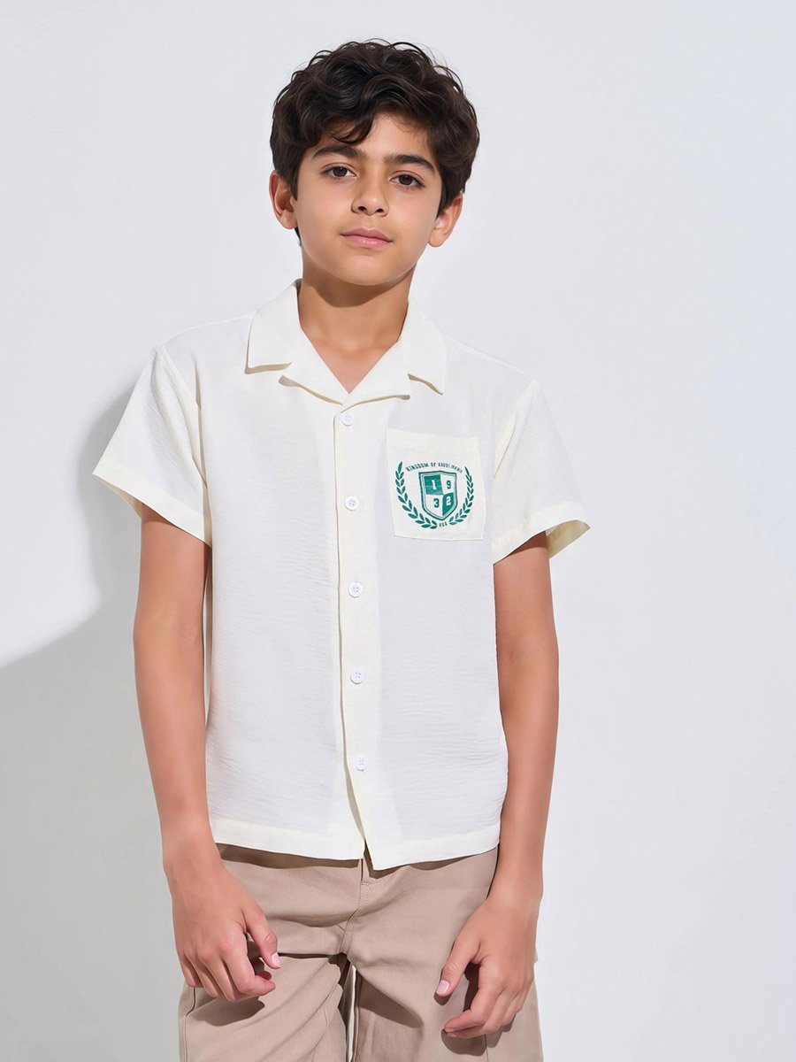 Teen Boys Off White Short Sleeves Shirt with KSA Emblem Pocket