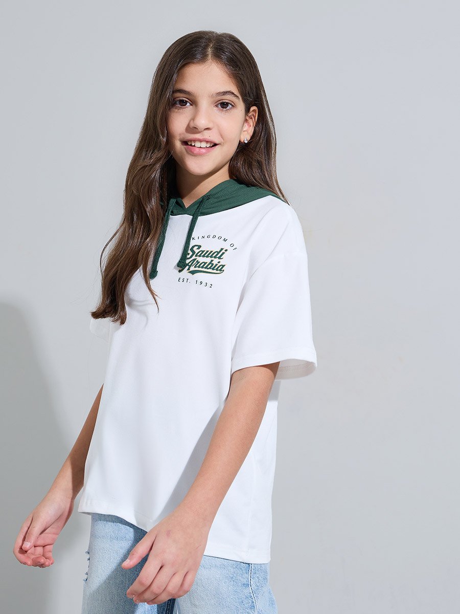 Teen Girls Off White KSA National Day Print Hooded T-Shirt