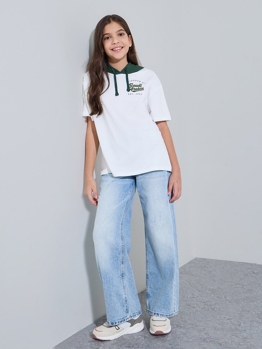 Teen Girls Off White KSA National Day Print Hooded T-Shirt