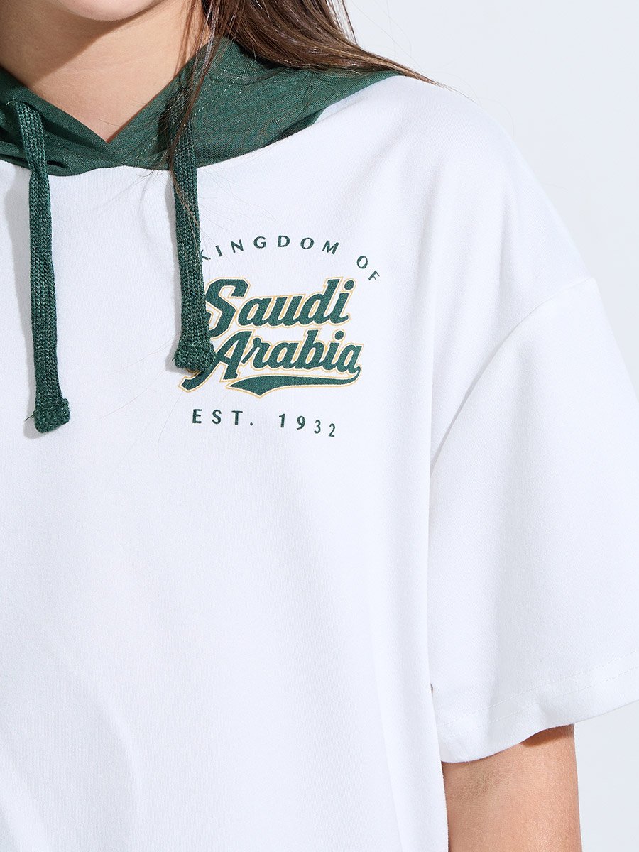 Teen Girls Off White KSA National Day Print Hooded T-Shirt
