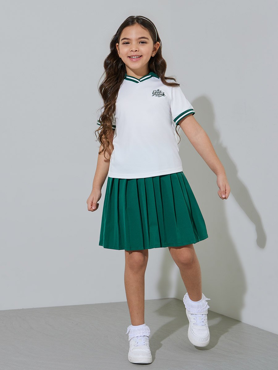 Girls White KSA National Day Polo T-Shirt and Dark Green Pleated Skirt Set