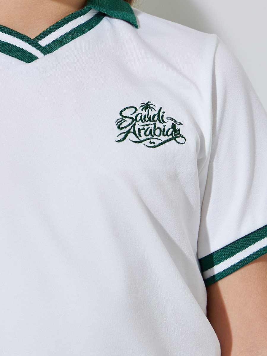 Girls White KSA National Day Polo T-Shirt and Dark Green Pleated Skirt Set
