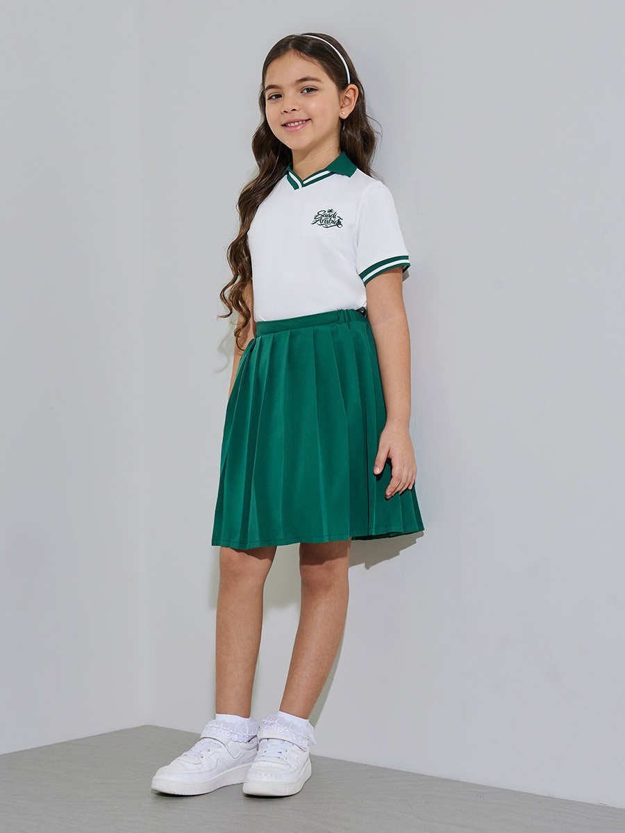 Girls White KSA National Day Polo T-Shirt and Dark Green Pleated Skirt Set