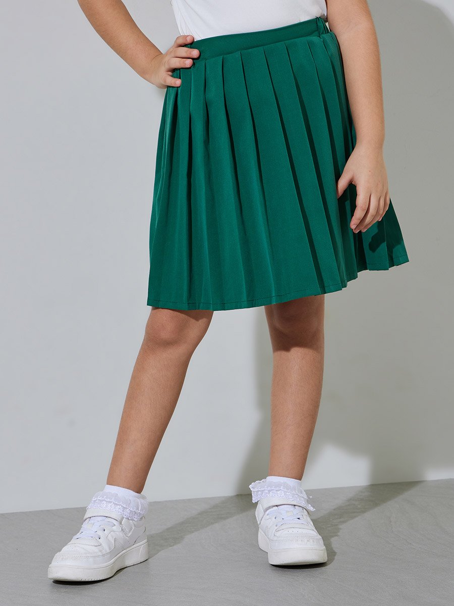 Girls White KSA National Day Polo T-Shirt and Dark Green Pleated Skirt Set