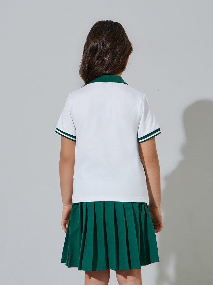 Girls White KSA National Day Polo T-Shirt and Dark Green Pleated Skirt Set