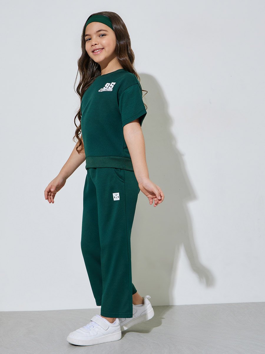 Girls Dark Green KSA National Day Print Oversized T-Shirt and Joggers Set
