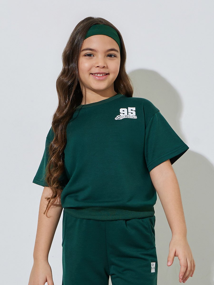Girls Dark Green KSA National Day Print Oversized T-Shirt and Joggers Set