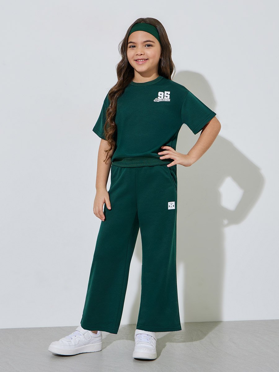 Girls Dark Green KSA National Day Print Oversized T-Shirt and Joggers Set