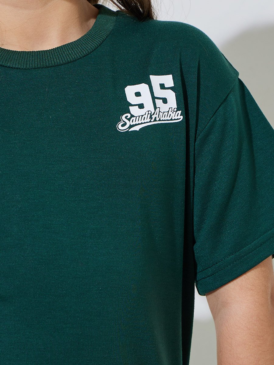 Girls Dark Green KSA National Day Print Oversized T-Shirt and Joggers Set