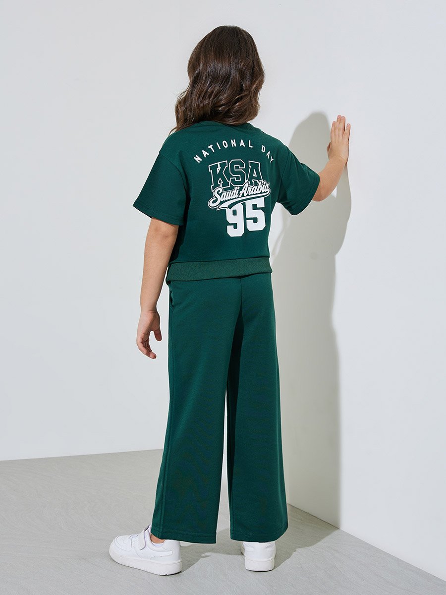 Girls Dark Green KSA National Day Print Oversized T-Shirt and Joggers Set