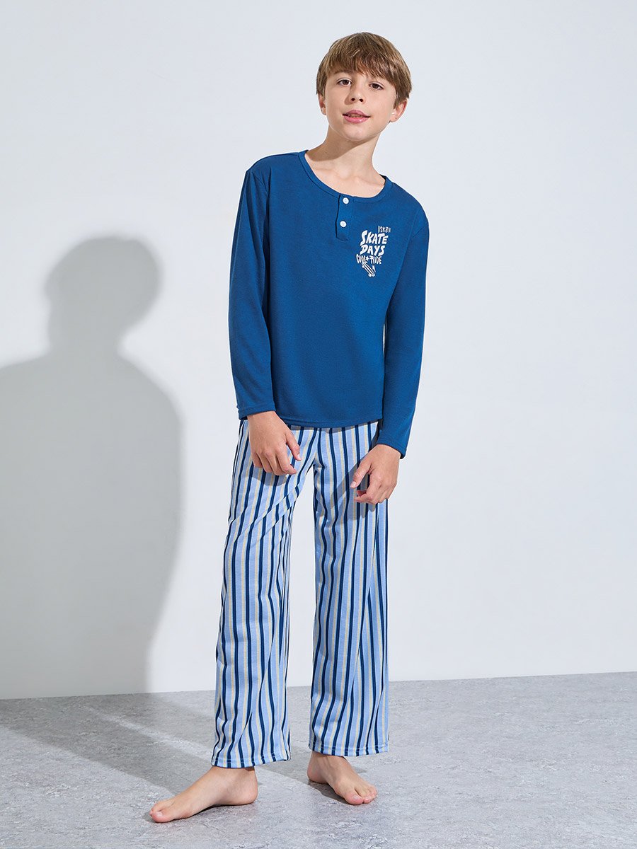 Teen Boys Blue Printed Long Sleeves T-Shirt and Striped Pants Pyjama Set
