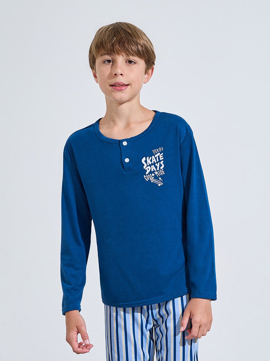 Teen Boys Blue Printed Long Sleeves T-Shirt and Striped Pants Pyjama Set