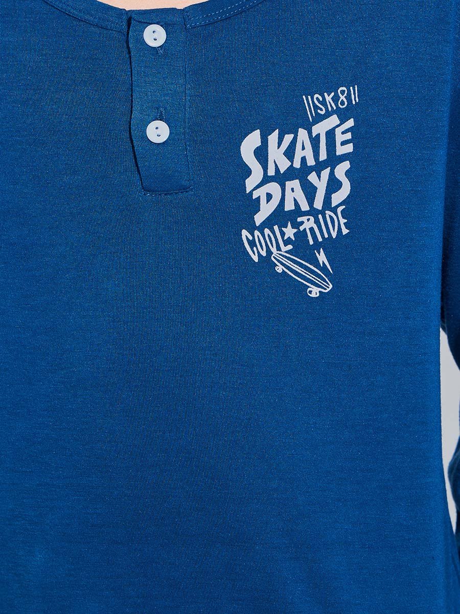 Teen Boys Blue Printed Long Sleeves T-Shirt and Striped Pants Pyjama Set