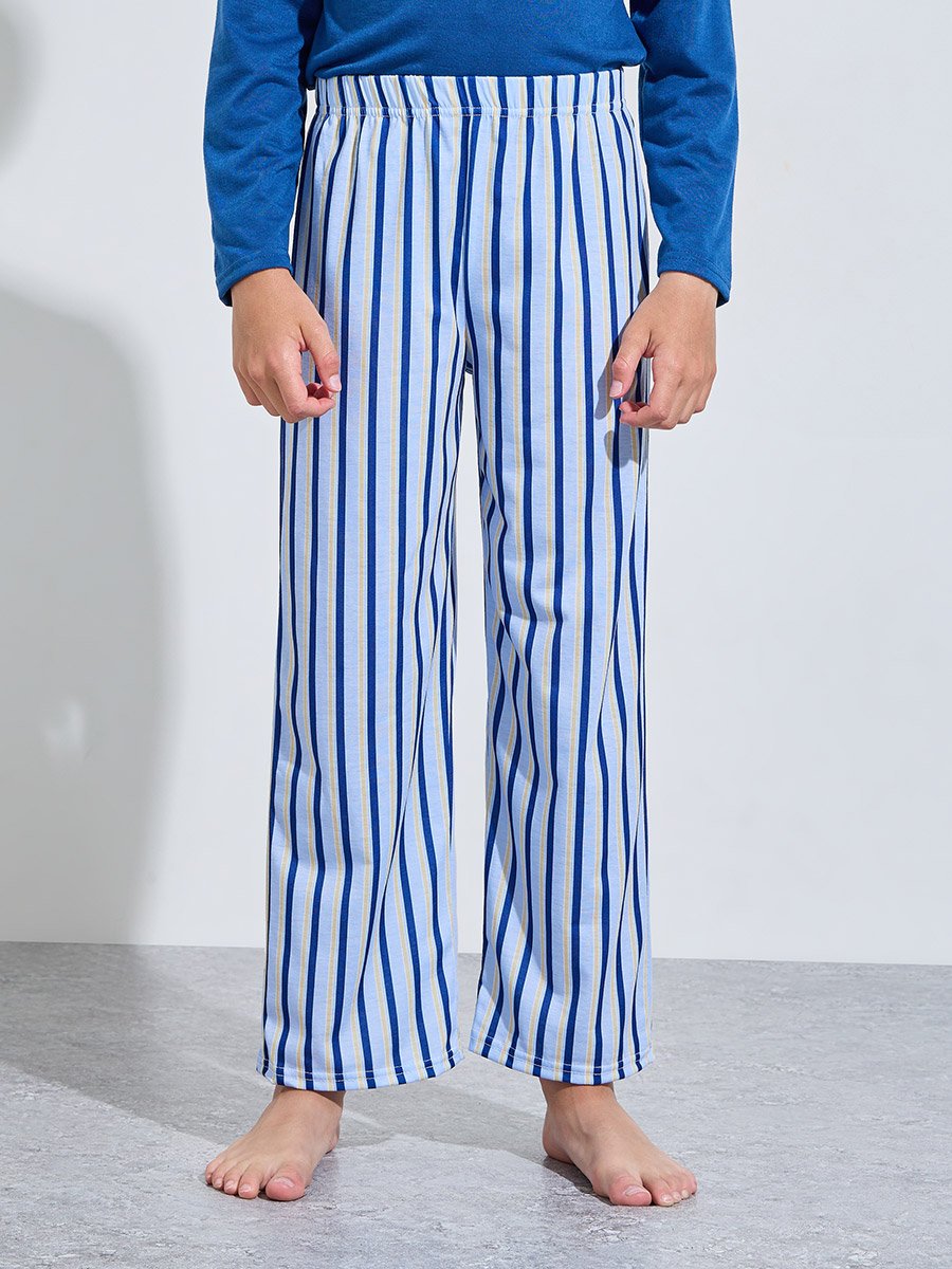 Teen Boys Blue Printed Long Sleeves T-Shirt and Striped Pants Pyjama Set