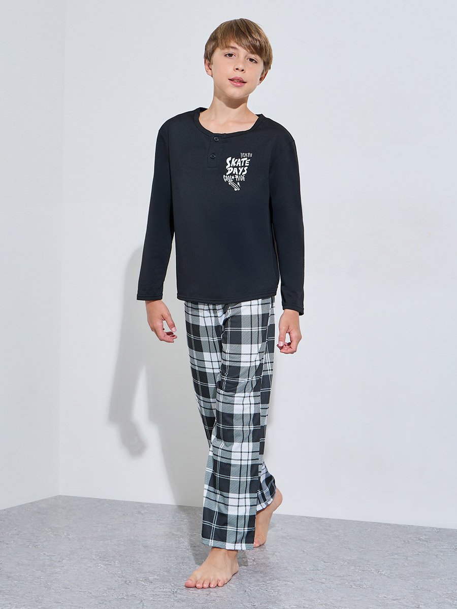 Teen Boys Printed long Sleeves T-Shirt and Checked Pants Pyjama Set