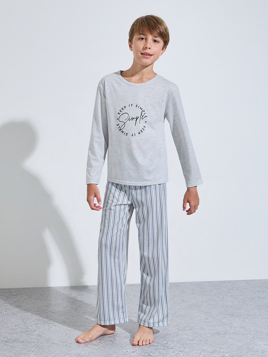 Teen Boys Grey Printed Long Sleeves T-Shirt and Striped Pants Pyjama Set