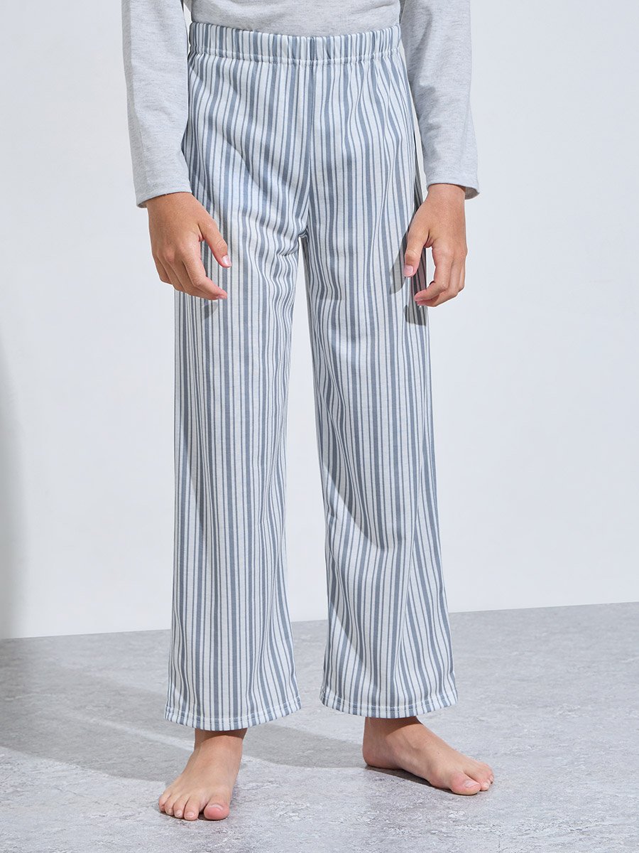 Teen Boys Grey Printed Long Sleeves T-Shirt and Striped Pants Pyjama Set