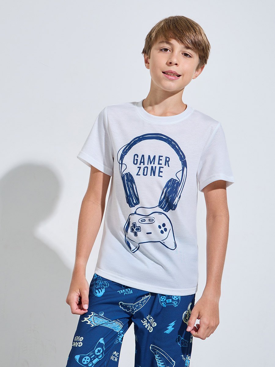 Teen Boys White Graphic Print T-Shirt and Blue AOP Pants Pyjama Set