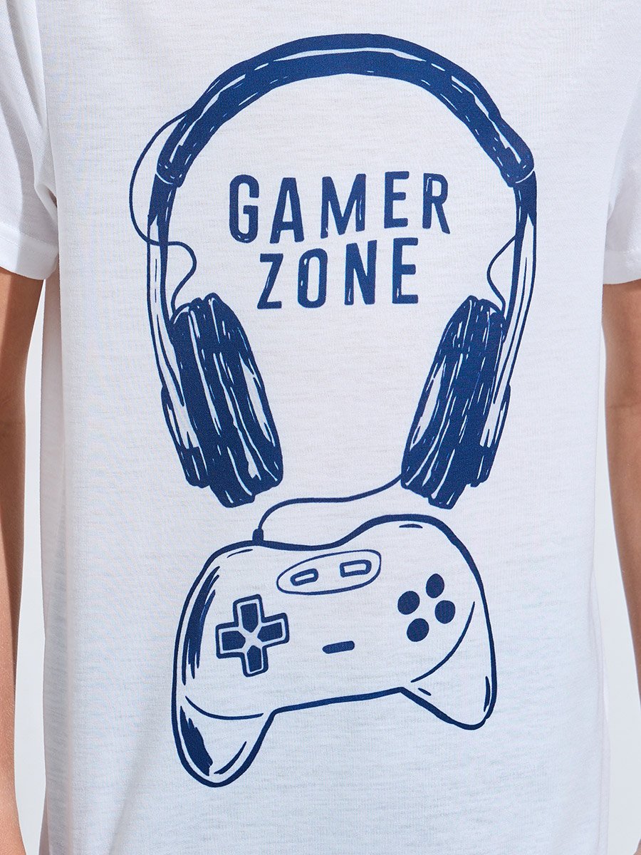 Teen Boys White Graphic Print T-Shirt and Blue AOP Pants Pyjama Set