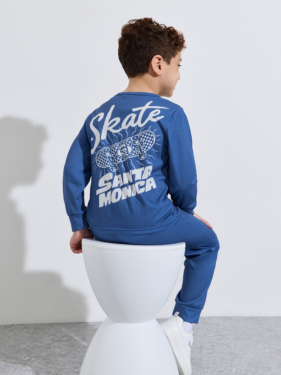 Boys Blue Graphic Print Regular Fit T-Shirt and Pants Pyjama Set