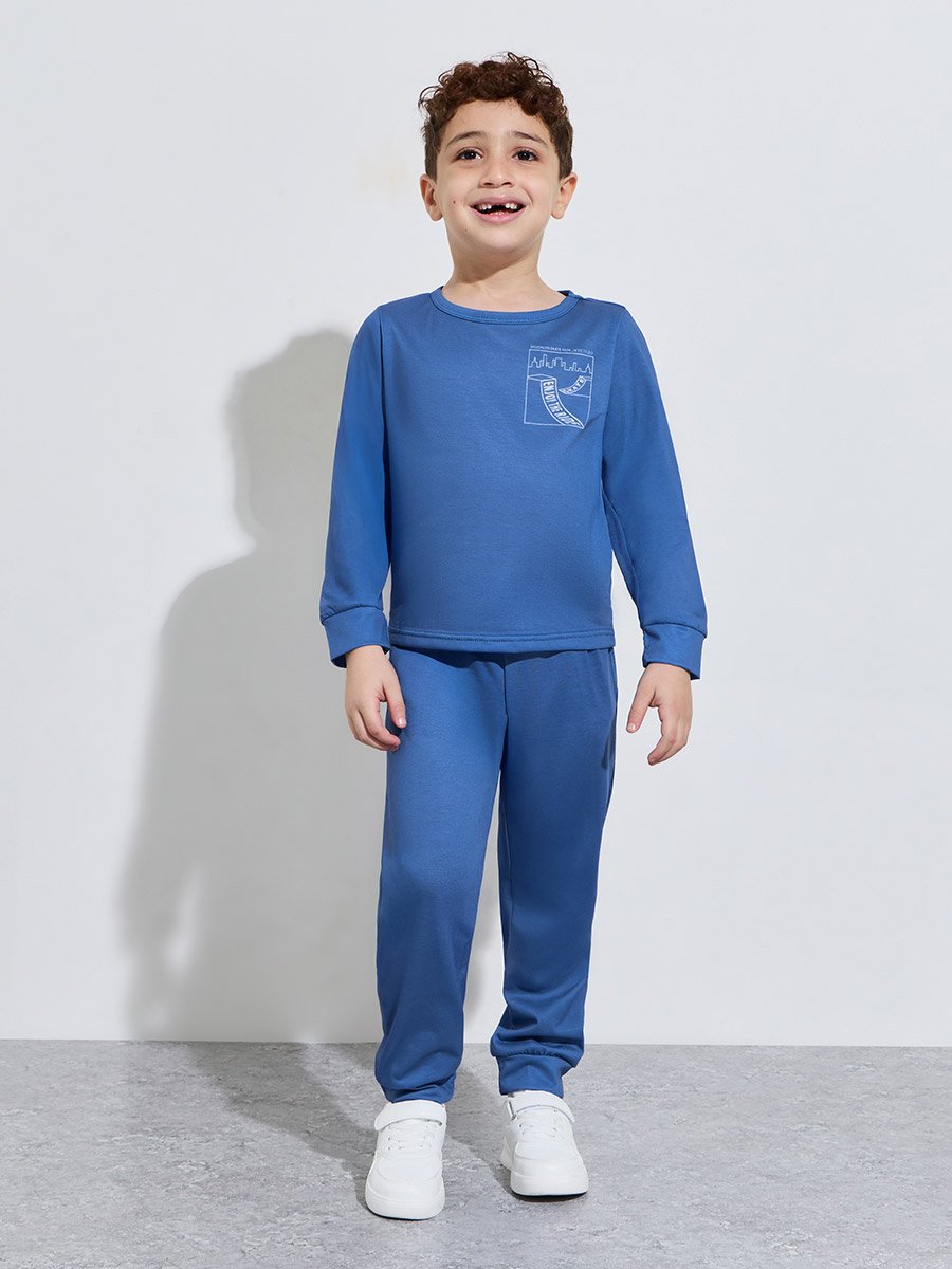 Boys Blue Graphic Print Regular Fit T-Shirt and Pants Pyjama Set