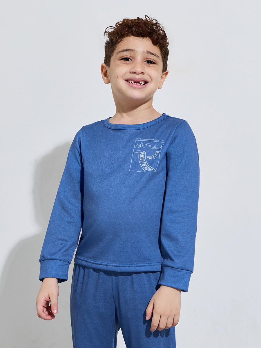 Boys Blue Graphic Print Regular Fit T-Shirt and Pants Pyjama Set