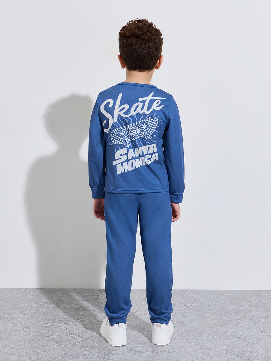 Boys Blue Graphic Print Regular Fit T-Shirt and Pants Pyjama Set