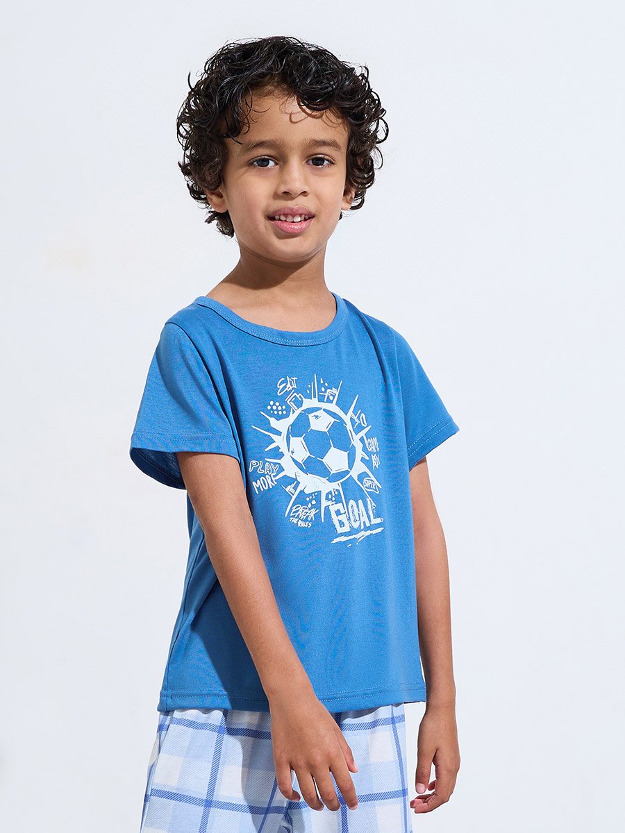 Boys Blue Graphic Print T-Shirt and Checked Pants Pyjama Set
