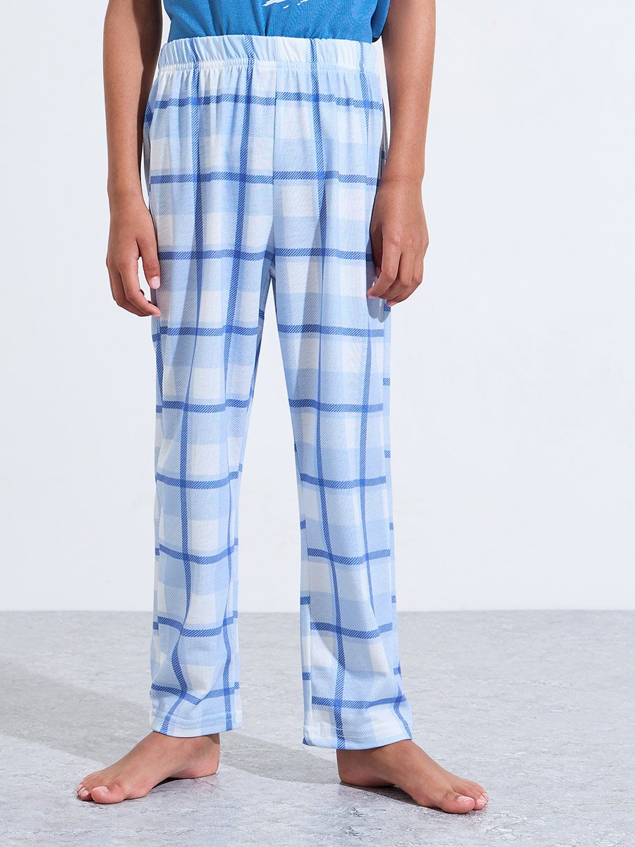 Boys Blue Graphic Print T-Shirt and Checked Pants Pyjama Set