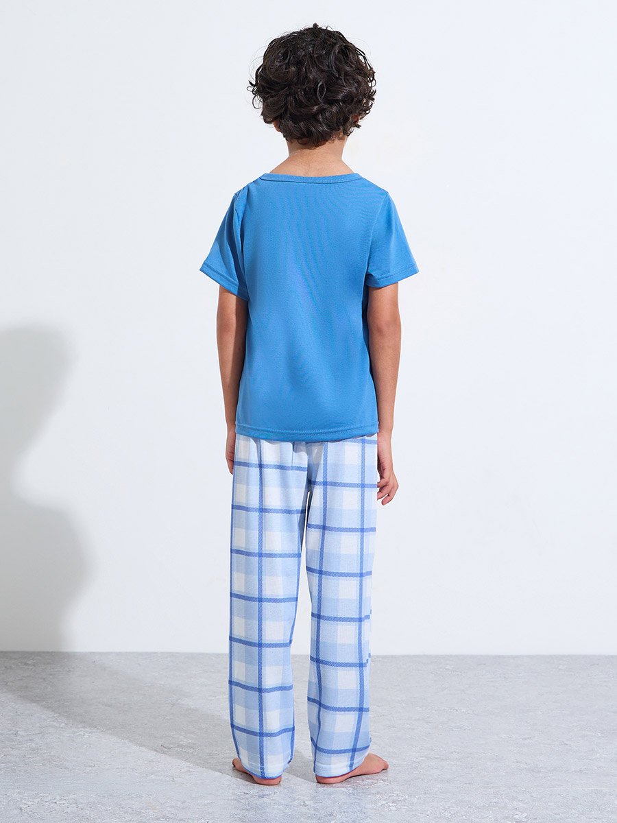 Boys Blue Graphic Print T-Shirt and Checked Pants Pyjama Set