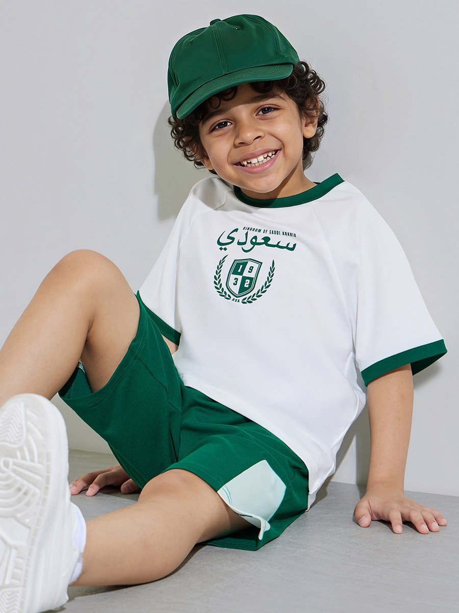 Boys White KSA National Day Print T-Shirt and Dark Green Shorts Set