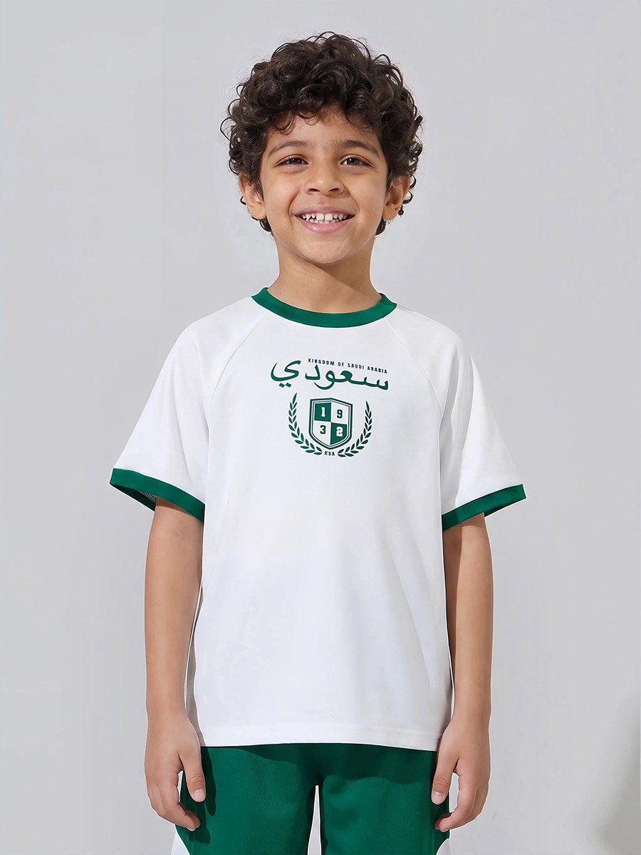 Boys White KSA National Day Print T-Shirt and Dark Green Shorts Set