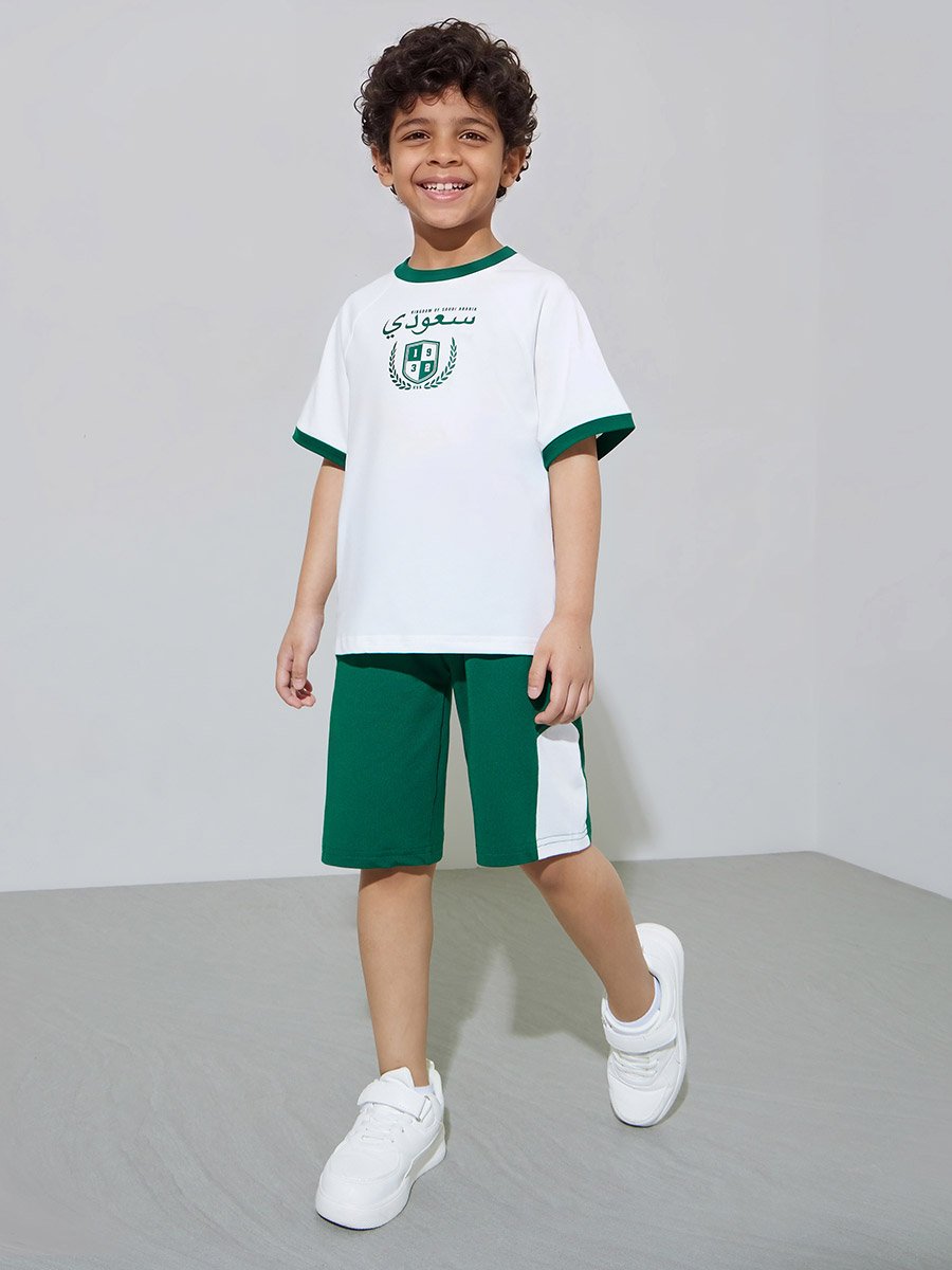 Boys White KSA National Day Print T-Shirt and Dark Green Shorts Set