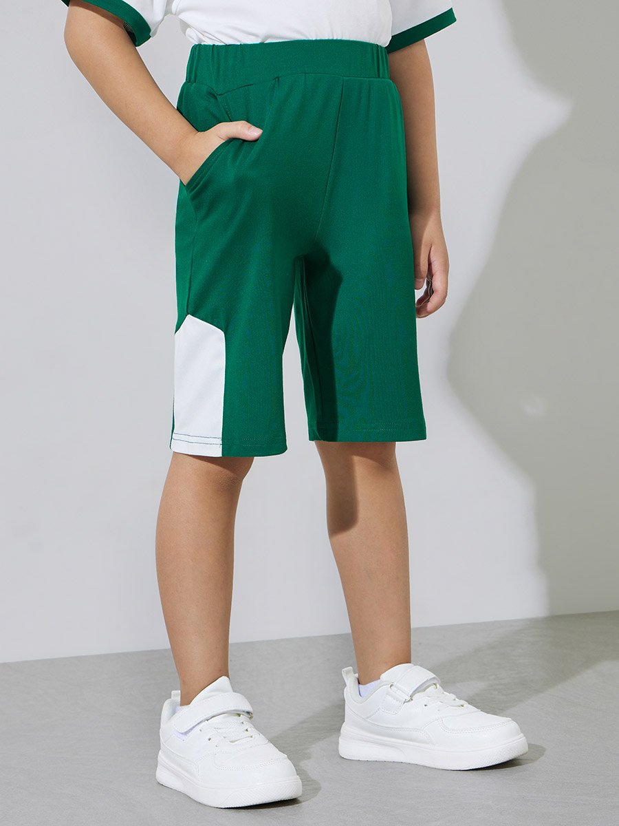 Boys White KSA National Day Print T-Shirt and Dark Green Shorts Set
