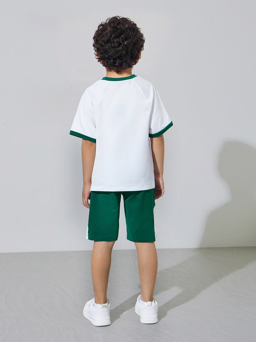 Boys White KSA National Day Print T-Shirt and Dark Green Shorts Set