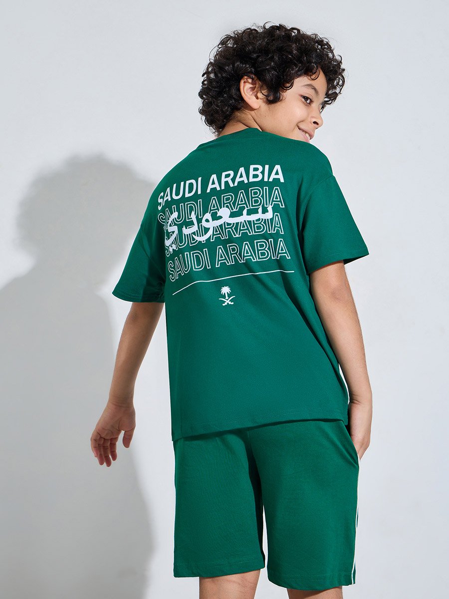 Teen Boys Dark Green KSA National Day Print Oversized T-Shir