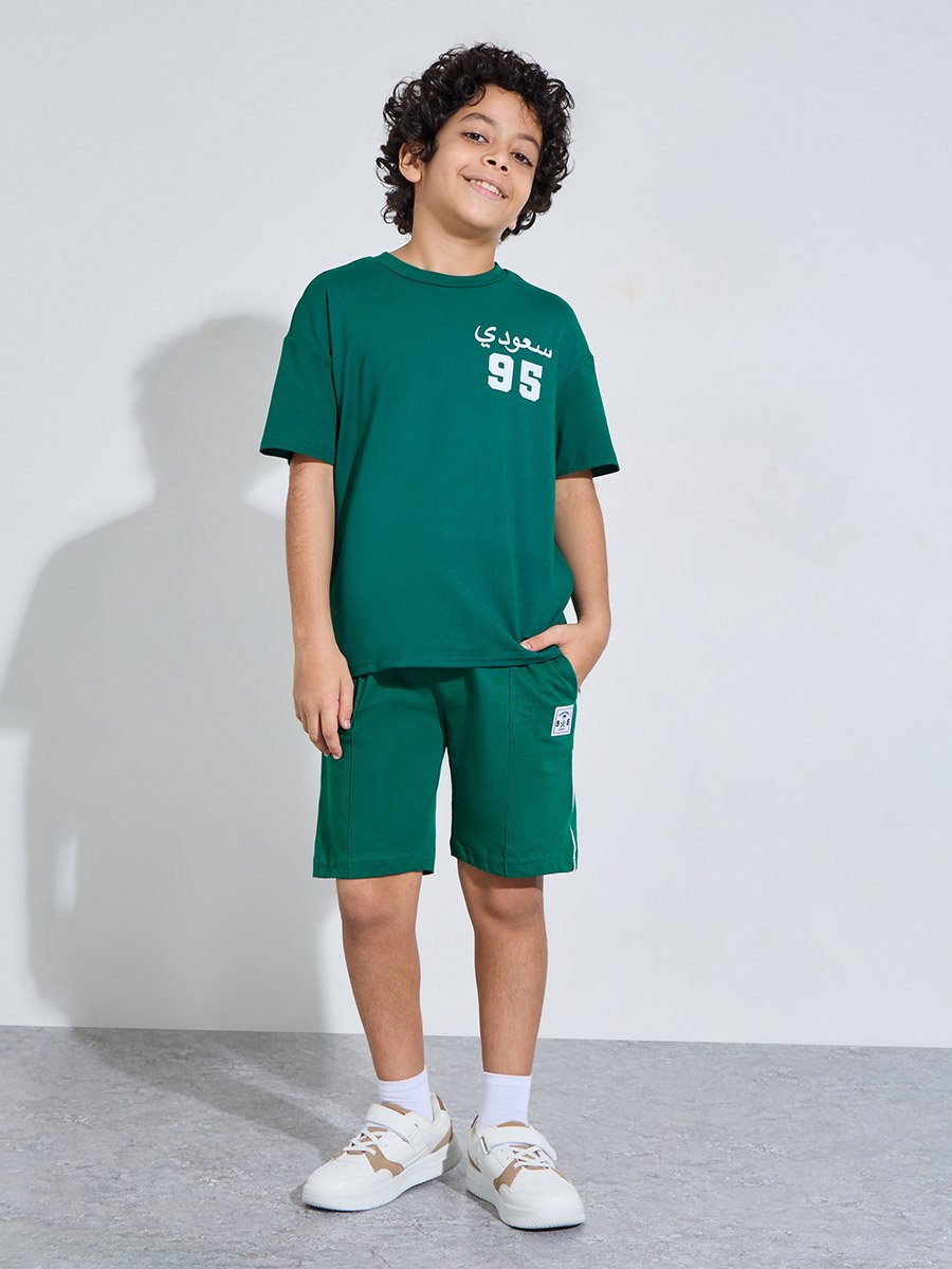 Teen Boys Dark Green KSA National Day Print Oversized T-Shir