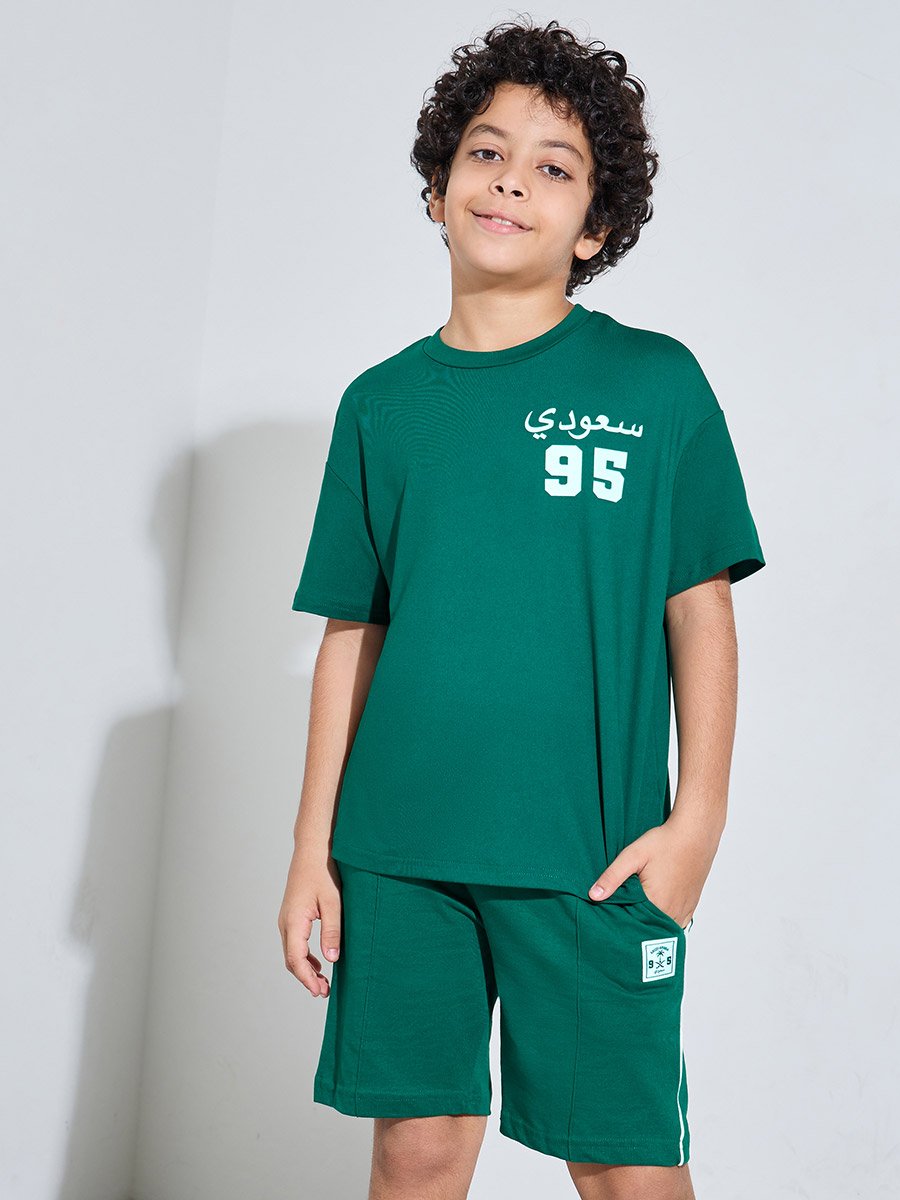 Teen Boys Dark Green KSA National Day Print Oversized T-Shir