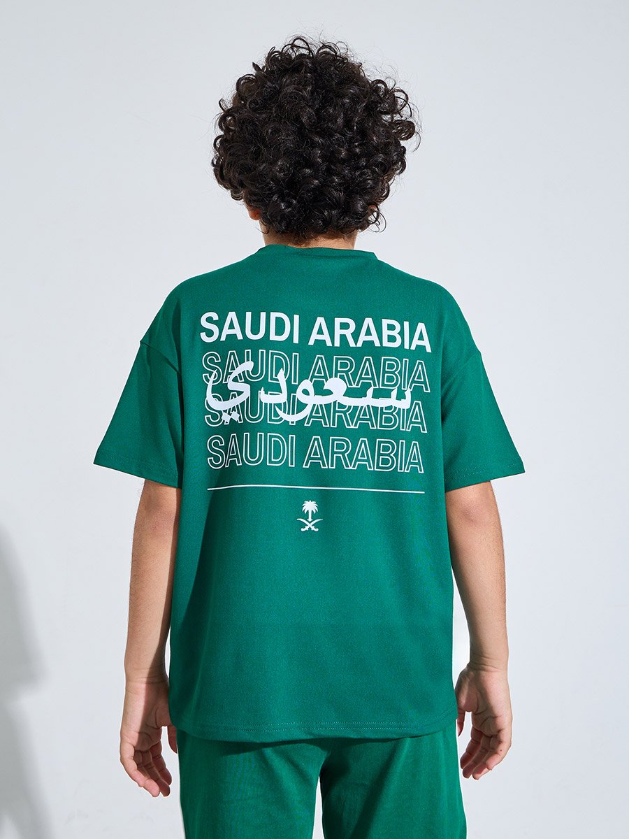 Teen Boys Dark Green KSA National Day Print Oversized T-Shir