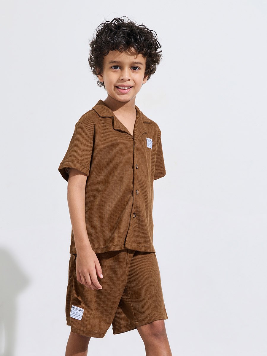 Boys Brown Waffle Knit Shirt and Shorts Set
