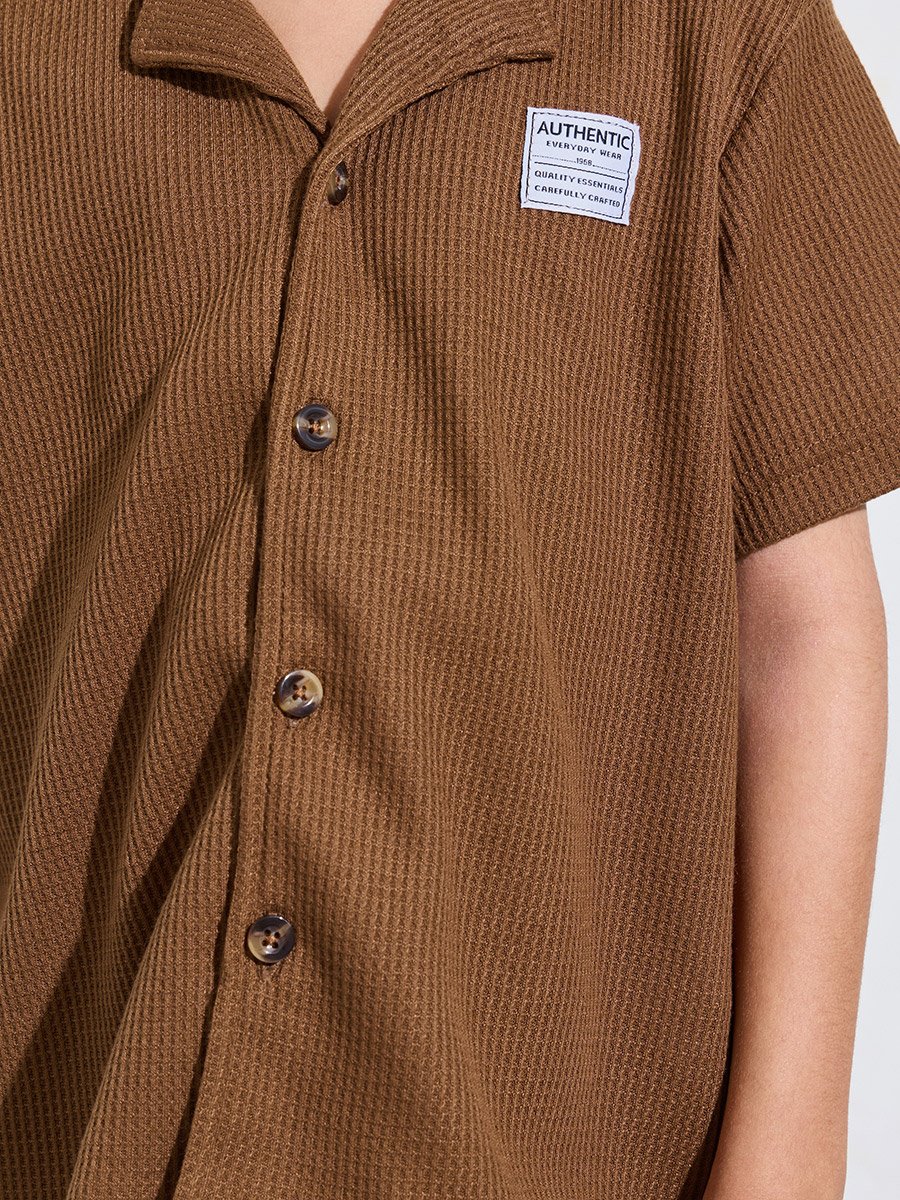 Boys Brown Waffle Knit Shirt and Shorts Set