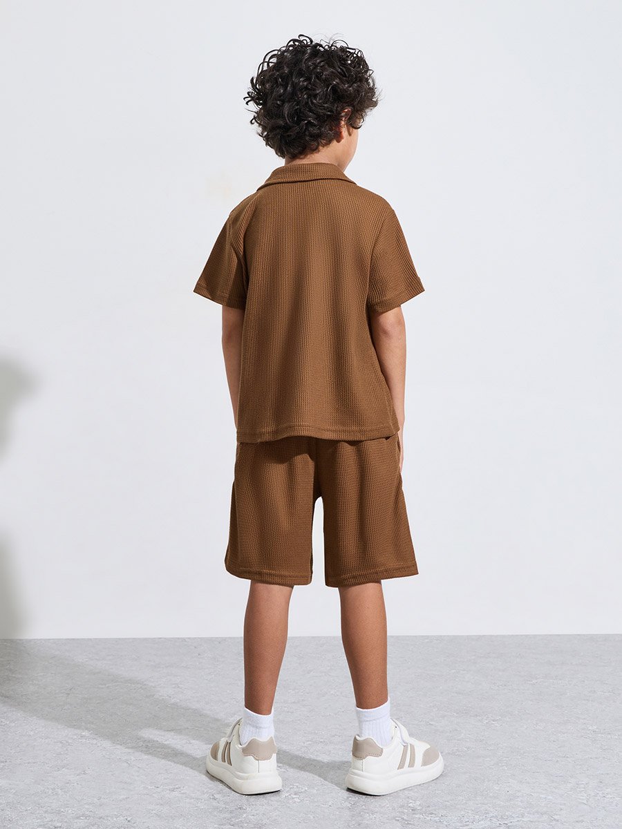 Boys Brown Waffle Knit Shirt and Shorts Set