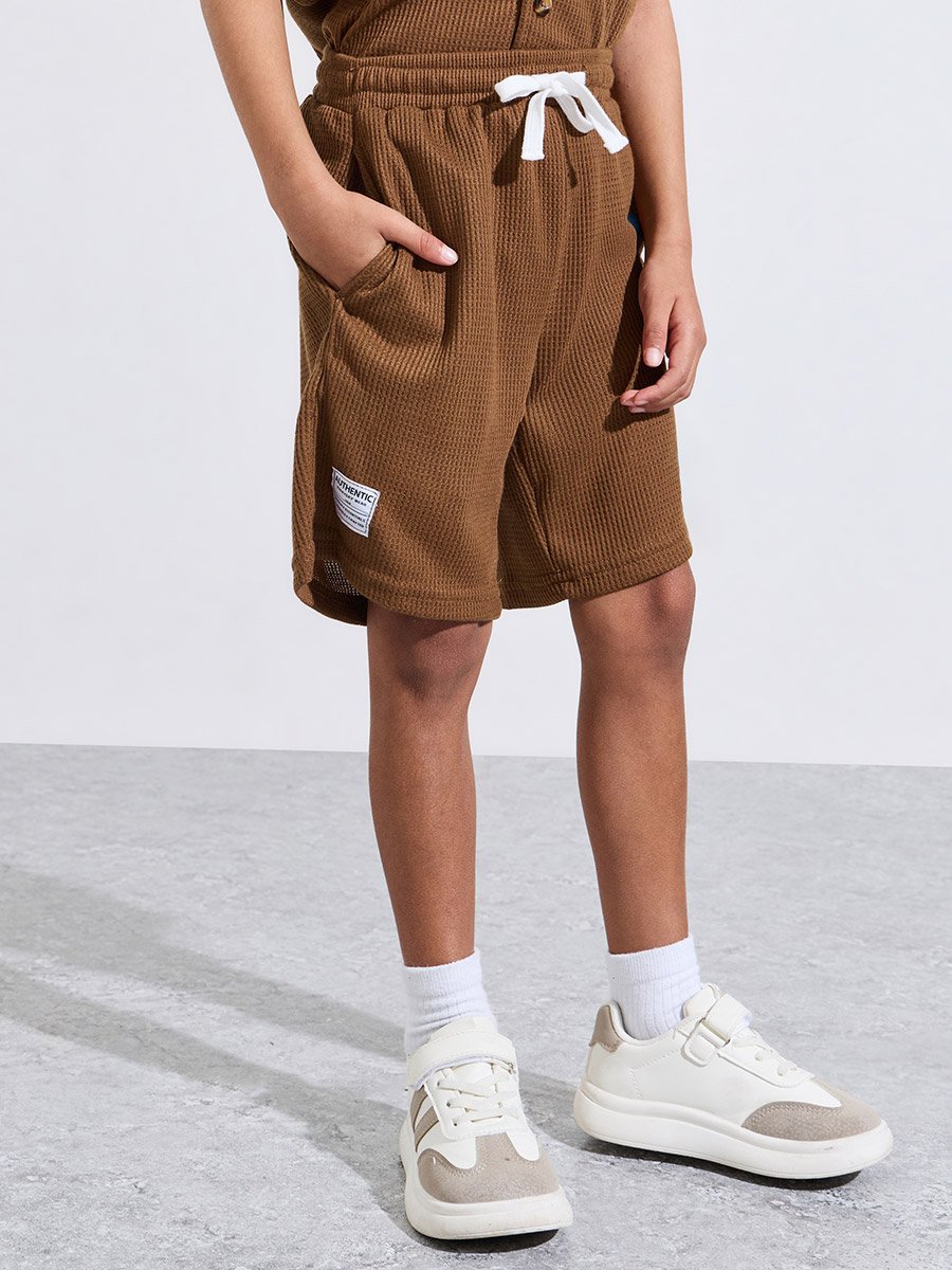 Boys Brown Waffle Knit Shirt and Shorts Set
