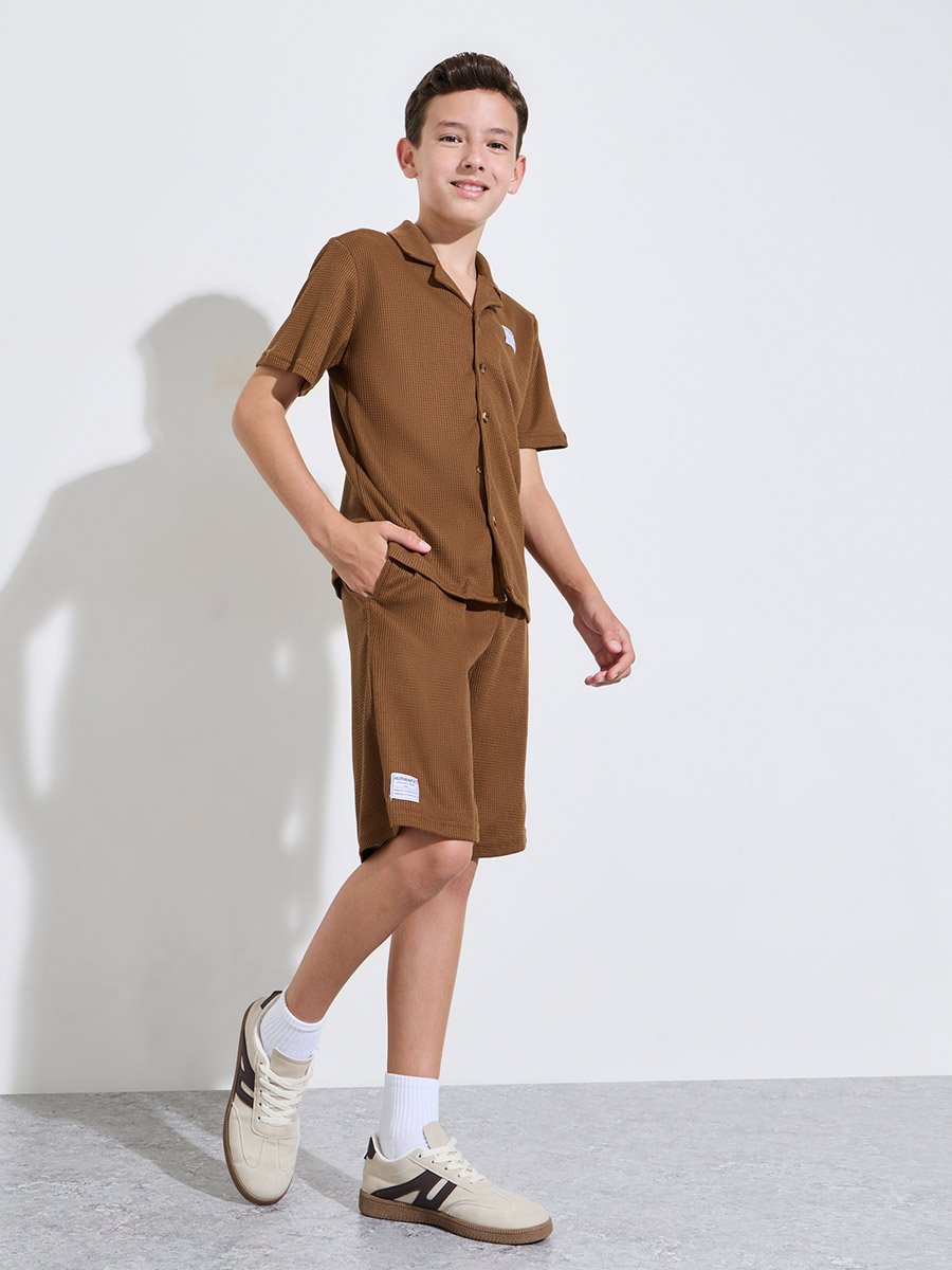 Teen Boys Brown Waffle Knit Shirt and Shorts Set