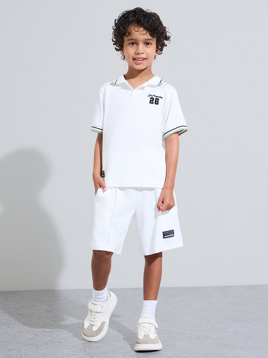 Boys Off White Contrast Trims Polo T-Shirt and Shorts Set
