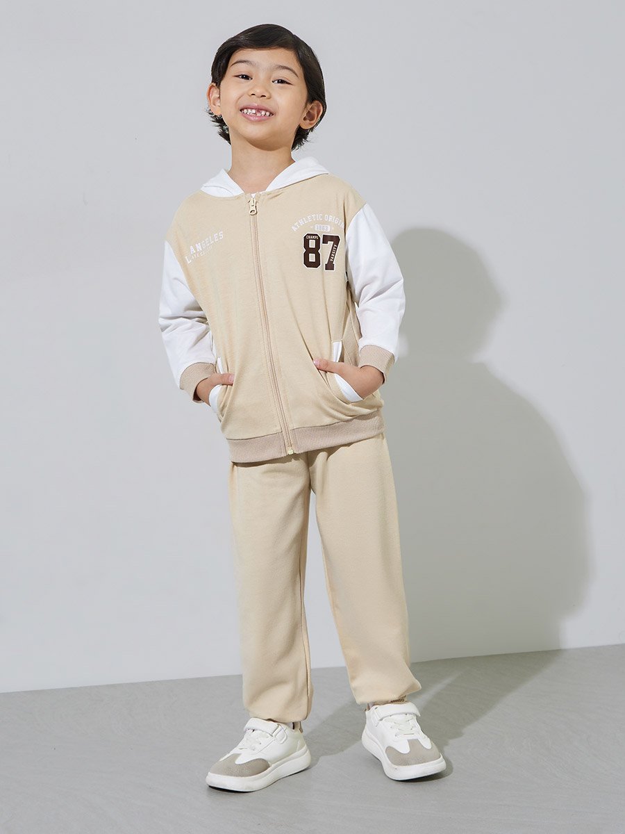 Boys Beige Printed Oversized Hooded Jacket and Joggers Set