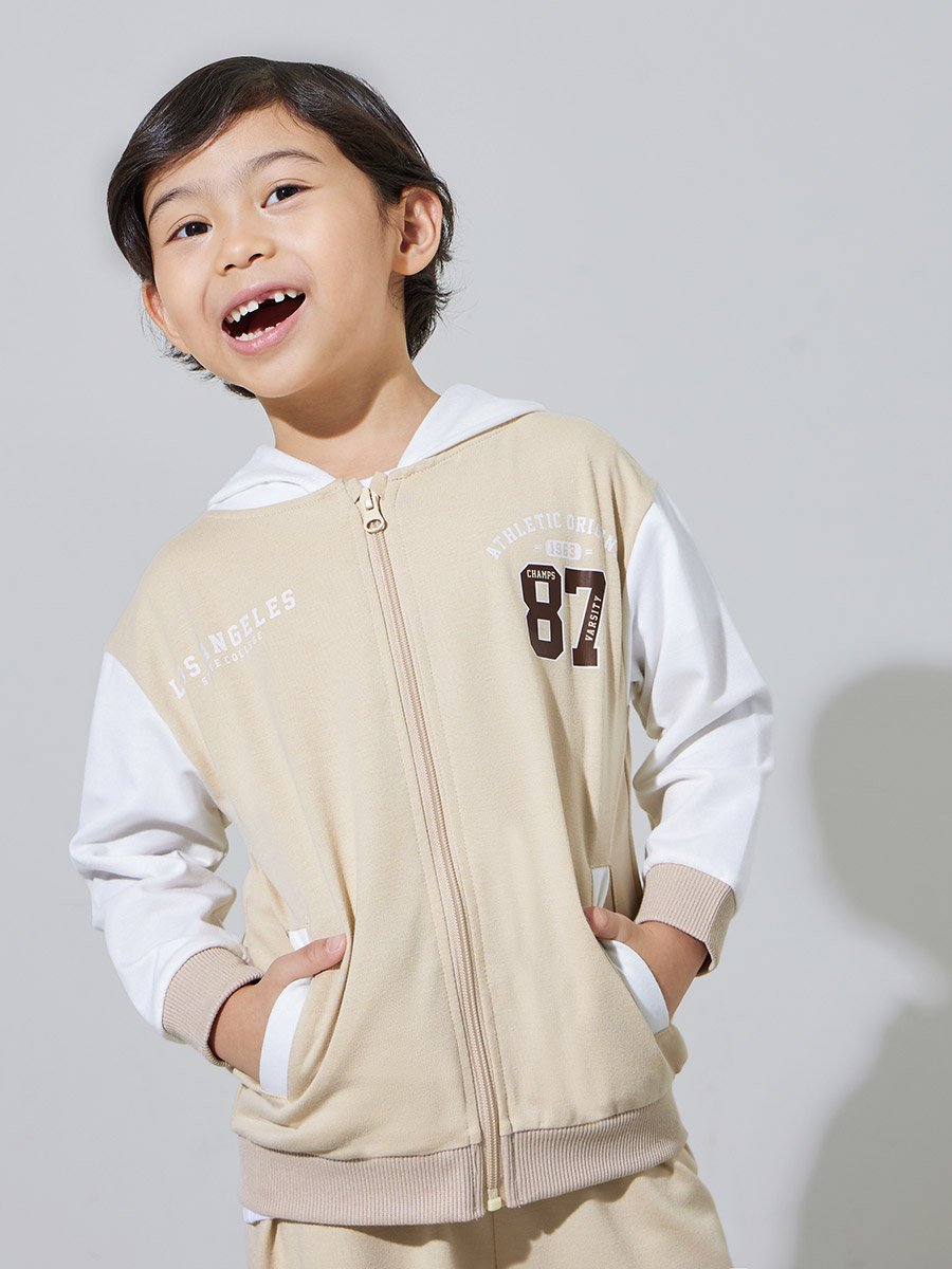 Boys Beige Printed Oversized Hooded Jacket and Joggers Set