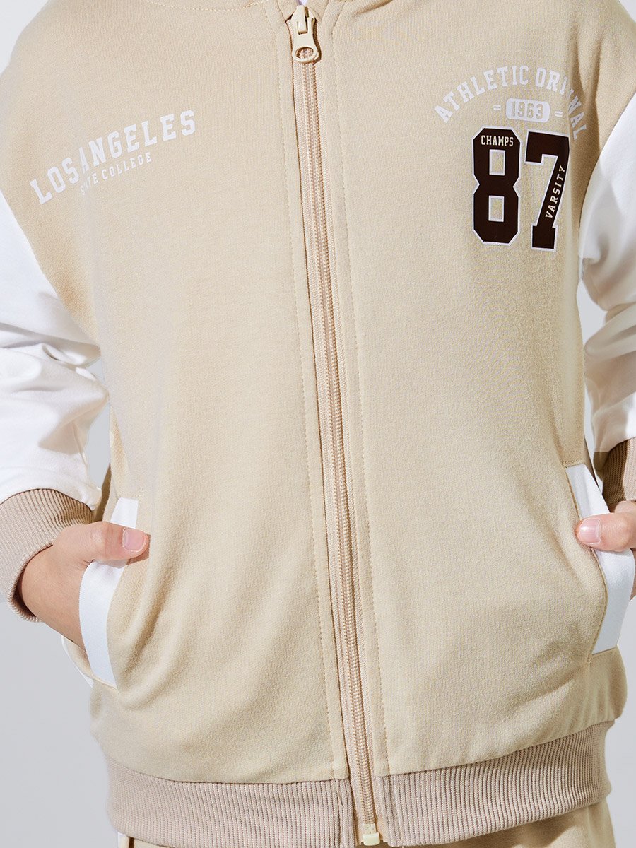 Boys Beige Printed Oversized Hooded Jacket and Joggers Set