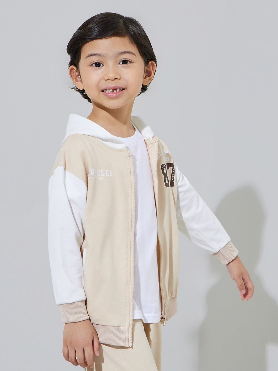 Boys Beige Printed Oversized Hooded Jacket and Joggers Set